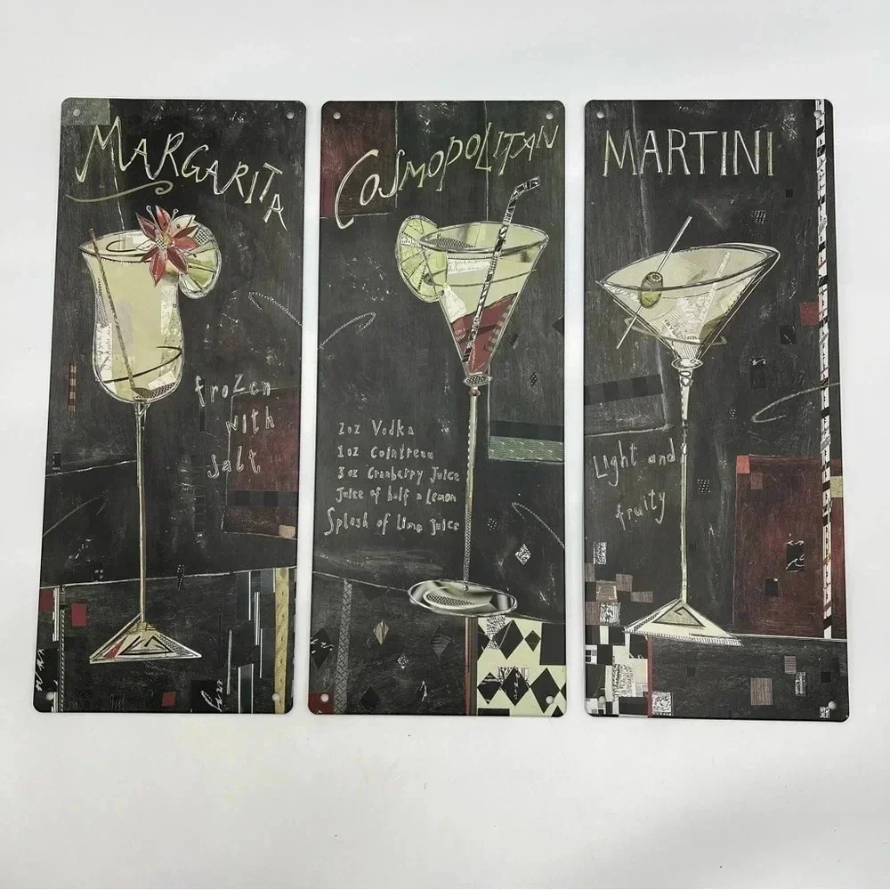 (3)‎ Metal Bar Wall Art - Margarita, Cosmopolitan, Martini - Alcohol Signs 15.5”